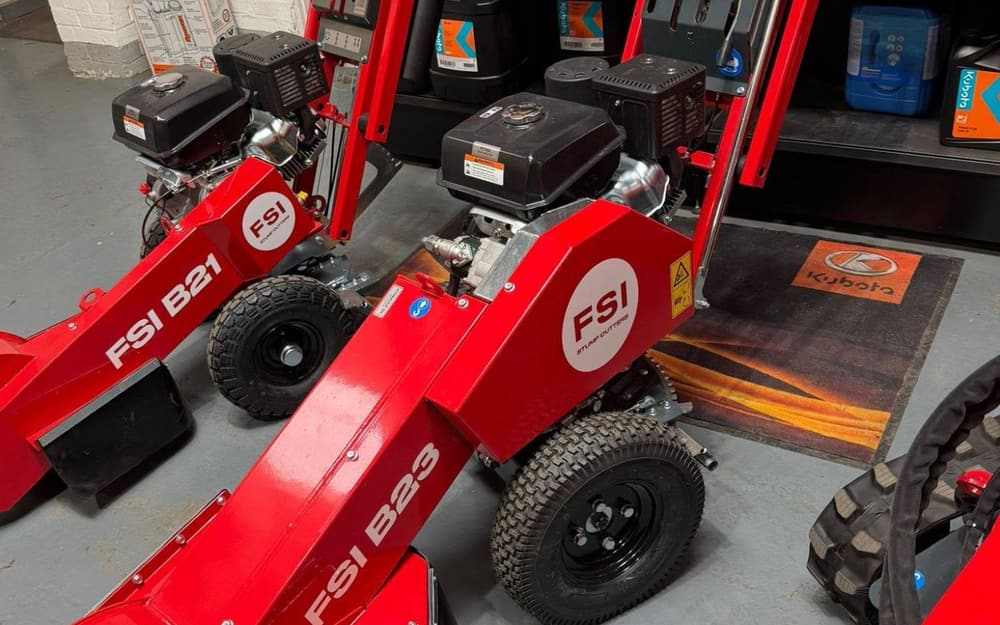 Two new FSI pedestrian stump grinders, a B21 and a B23, in the Sky-Arb workshop