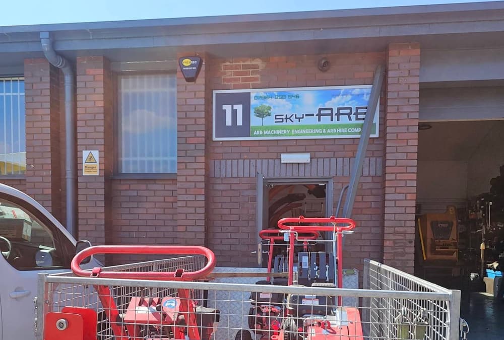 The Sky-Arb signage above the roller door at Unit 11, Dewar Court